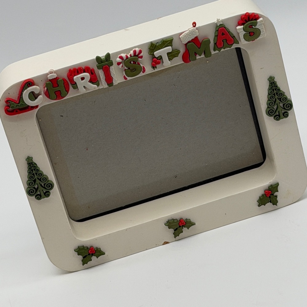 Christmas Holiday Picture Frame White 3D Raised Lettering Holly Trees Landscape